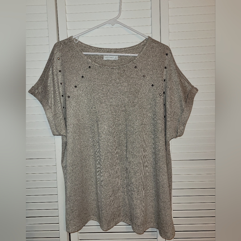Beige Short Sleeve Sweater Top with Stud Details